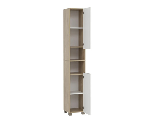 Vysoká skriňa s niekoľkými policami a dvoma otvorenými dverami