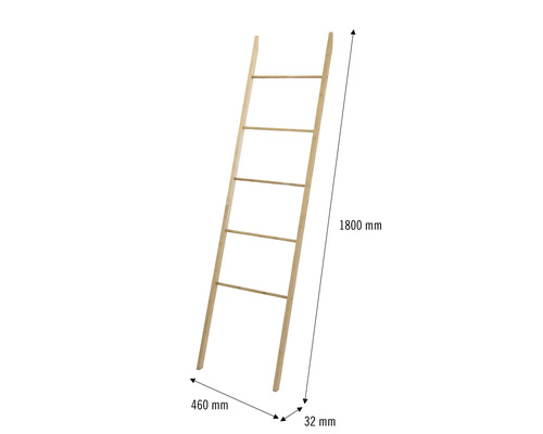 Drevený rebrík so šiestimi priečkami s rozmermi 1800 mm výška, 460 mm šírka a 32 mm hĺbka.