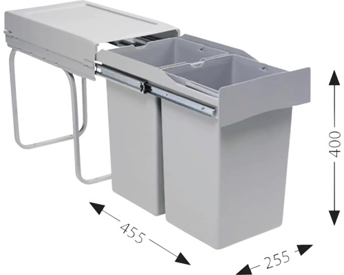 Výsuvný odpadkový kôš s dvoma nádobami a rozmermi.