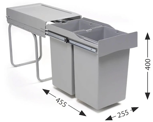 Výsuvný systém triedenia odpadu s dvoma nádobami s rozmermi