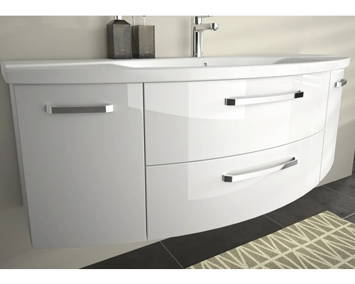 Biela skrinka pod umývadlo so zásuvkami a dvierkami do kúpeľne