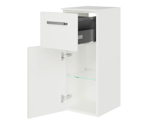 Otvorená biela závesná skrinka so zásuvkou a sklenenou policou