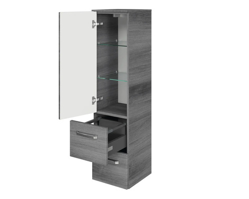 Vysoká skrinka s dvierkami, zásuvkou a sklenenými policami