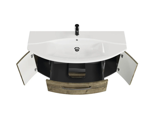 Umývadlo so skrinkou s otvorenou spodnou skrinkou, zásuvkou a dvomi dvierkami