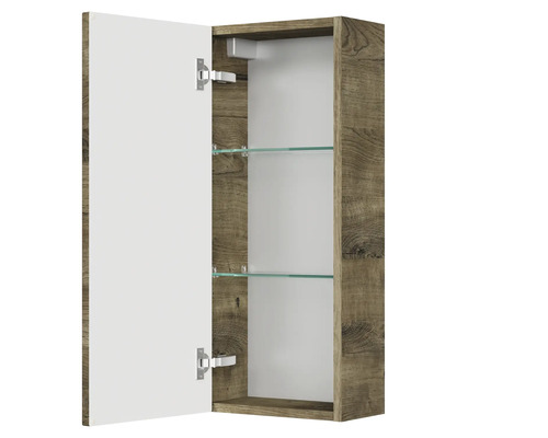 Otvorená zrkadlová skrinka s dreveným efektom a sklenenými policami do kúpeľne