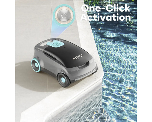 Logo Aiper na čistiaceho robota s aktiváciou jedným kliknutím vedľa bazéna