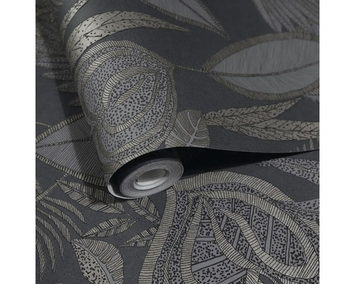 Rolka tapety so vzorom listov v sivej farbe