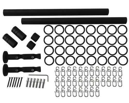 Sada záclonovej tyče s dvoma tyčami, krúžkami, háčikmi a upevňovacím materiálom