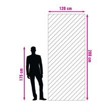 Obrázok dverí s rozmermi 120 x 280 centimetrov a osoby vedľa nich vysokej 175 centimetrov.