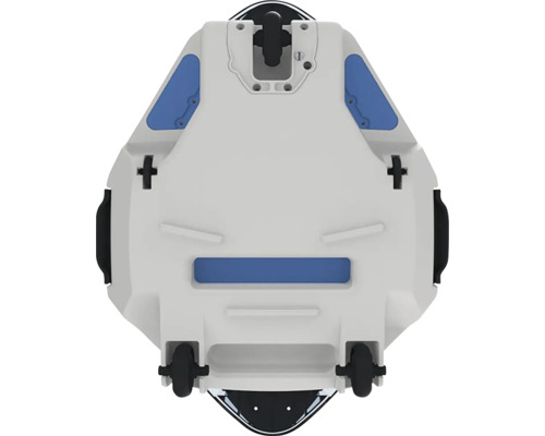 Pohľad zdola na zariadenie s kolieskami a držadlami.