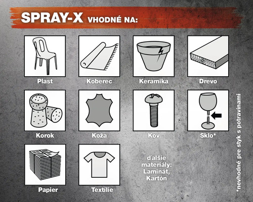 Vhodnosť spreja pre: plast, koberec, keramika, drevo, korok, koža, kov, sklo (nevhodné pre styk s potravinami), papier, textil, laminát, kartón