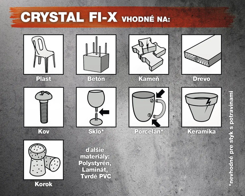 Oblasť použitia Crystal Fix: Vhodné pre plast, betón, kameň, drevo, kov, sklo, porcelán, keramika, korok, polystyrén, laminát, tvrdé PVC