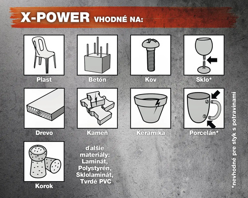 X-Power vhodné na plast, betón, kov, sklo, drevo, kameň, keramiku, porcelán, korok, laminát, polystyrén, sklolaminát, tvrdé PVC