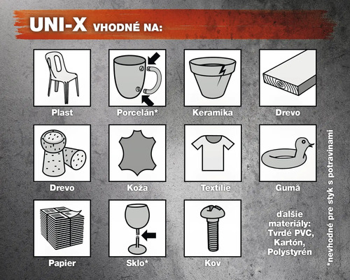 UNI-X Vhodné na: Plast, porcelán, keramika, drevo, korok, koža, textil, guma, papier, sklo, kov. Nevhodné pre styk s potravinami