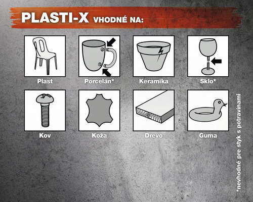 Vhodné pre plasty, porcelán, keramiku, sklo, kov, kožu, drevo, gumu. Nevhodné pre styk s potravinami.