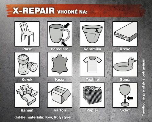X-Repair vhodné materiály: plast, porcelán, keramika, drevo, korok, koža, textil, guma, kameň, kartón a papier. Nevhodné pre styk s potravinami.