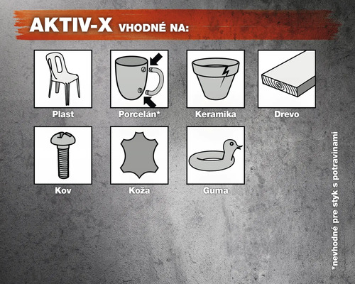 AKTIV-X vhodný na plasty, porcelán, keramiku, drevo, kov, kožu a gumu