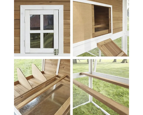 Detailné pohľady na kurín s oknom, hniezdiskom a bidielkami