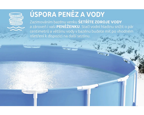 Bazén v zime s textom o úspore vody a peňazí