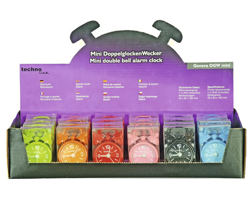 Viacfarebné mini budíky s dvomi zvončekmi na predajnom displeji