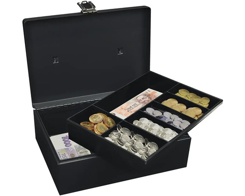 Otvorená pokladničná kazeta s mincami a bankovkami