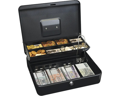 Otvorená pokladničná kazeta plná bankoviek a mincí