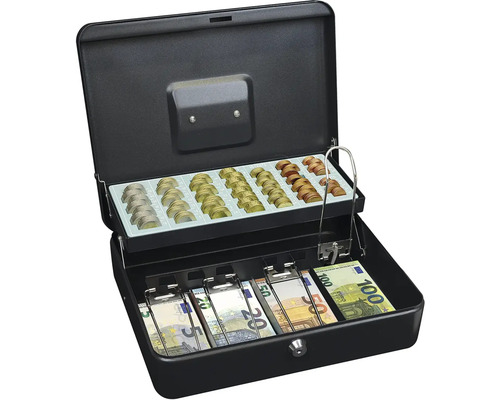 Otvorená pokladničná zásuvka s priehradkami na mince a bankovky