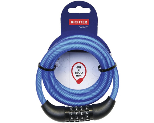 Káblový zámok Richter s číselným kódom, osem milimetrov krát 1800 milimetrov