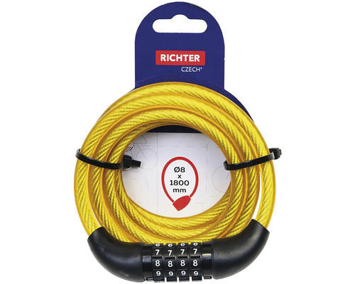 Žltý lanový zámok Richter s číselným kódom, priemer 8 mm, dĺžka 1800 mm.