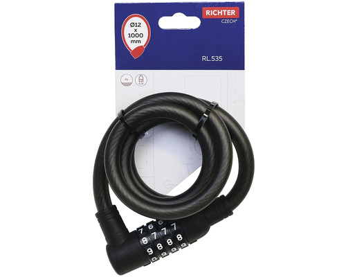 Káblový zámok Richter s číselným kódom, priemer 12 milimetrov, dĺžka 1000 milimetrov