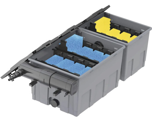 Jazierkový filtračný systém s modrými a žltými filtračnými hubami