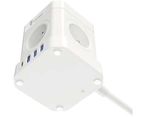 Biela zásuvková lišta v tvare kocky s USB portami