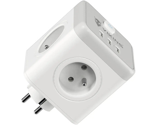 Biela napájacia kocka s viacerými zásuvkami a portami USB.
