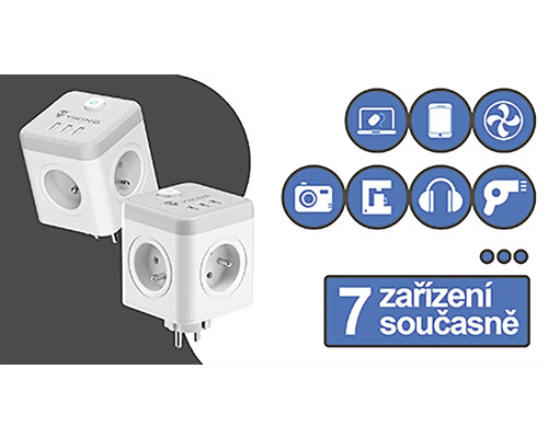 Kocka s viacerými zásuvkami na súčasné používanie siedmich zariadení