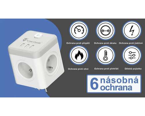 Kocková zásuvková lišta s ochranou proti prepätiu, ochranou proti skratu, ochranou proti prehriatiu, protipožiarnou ochranou a detskou poistkou