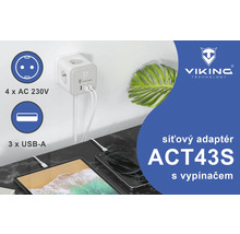 Sieťový adaptér so štyrmi zásuvkami 230 V a tromi USB-A portami.