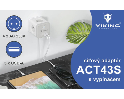 Sieťový adaptér so štyrmi zásuvkami 230 V a tromi USB-A portami.