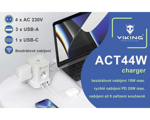 Nabíjačka ACT44W od spoločnosti Viking Technology so štyrmi zásuvkami AC 230V, tromi portami USB-A, jedným portom USB-C a bezdrôtovým nabíjaním