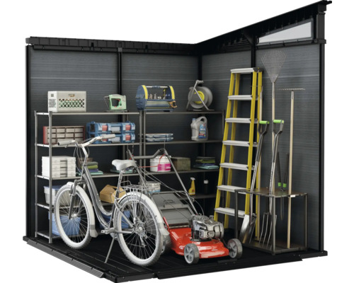 Záhradná búda s bicyklom, kosačkou na trávu, rebríkom a záhradným náradím