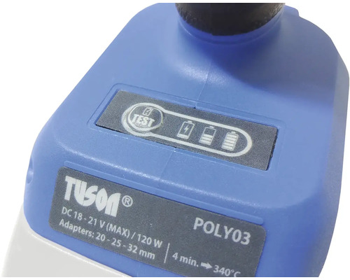 Detailný pohľad na plastovú zváračku Tuson Poly03 so zobrazením stavu testu a batérie