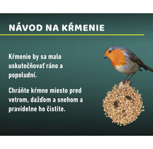 Ilustrácia s návodom na kŕmenie vtáctva. Zobrazuje červienku sediacu na guli z vtáčieho zobu.