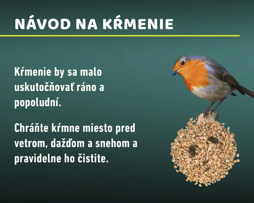 Ilustrácia s návodom na kŕmenie vtáctva. Zobrazuje červienku sediacu na guli z vtáčieho zobu.