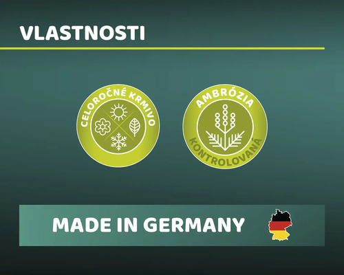 Vlastnosti: Symbol celoročného krmiva, Symbol kontrolovanej ambrózie, Symbol vyrobené v Nemecku