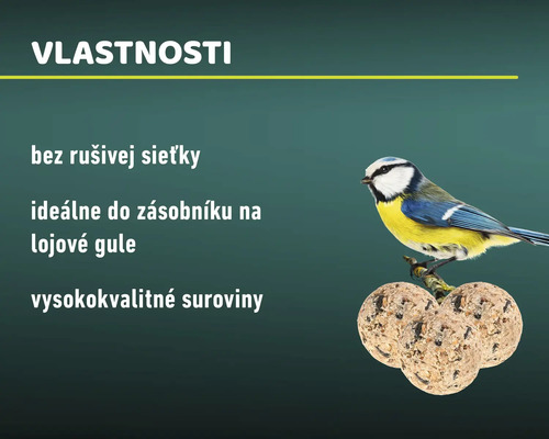 Vlastnosti krmiva pre vtáky: bez rušivej sieťky, ideálne do zásobníka na lojové gule, z vysokokvalitných surovín.
