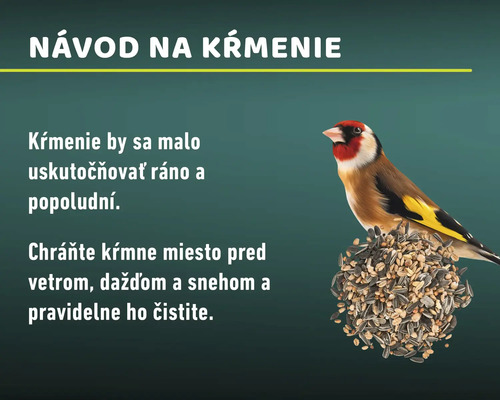 Návod na kŕmenie vtákov s textom a stehlíkom pestrým na guli na kŕmenie