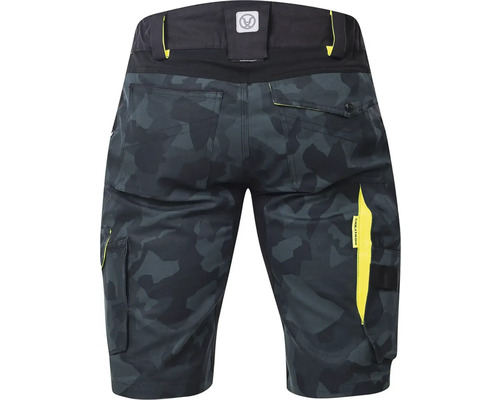 Pracovné šortky s maskovacím vzorom, niekoľkými vreckami a žltými akcentmi
