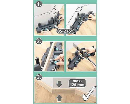 Ilustrácia pokosnice s nastavením uhla od 85 do 275 stupňov a maximálnou výškou obrobku 120 milimetrov.
