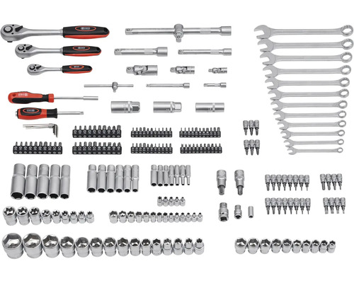 Komplexná sada nástrčných kľúčov s račňami, kľúčmi, bitmi a nástrčnými hlavicami pre rôzne aplikácie