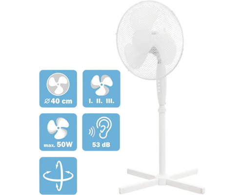 Biely stojanový ventilátor s technickými údajmi