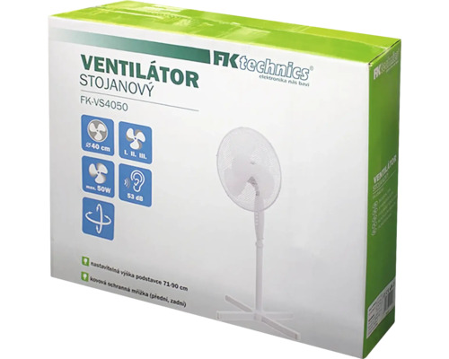 Balenie stojanového ventilátora FK Technics s vlastnosťami produktu